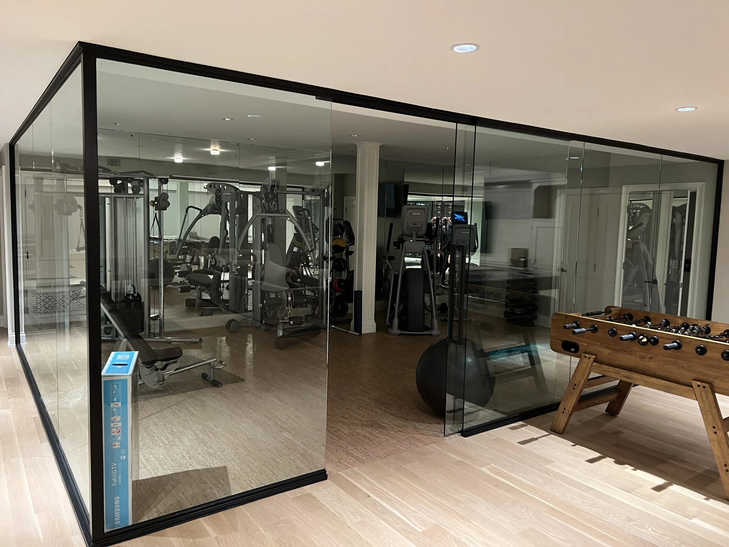 Home gym enclosed by tall glass panels in slim black channels with a glass door